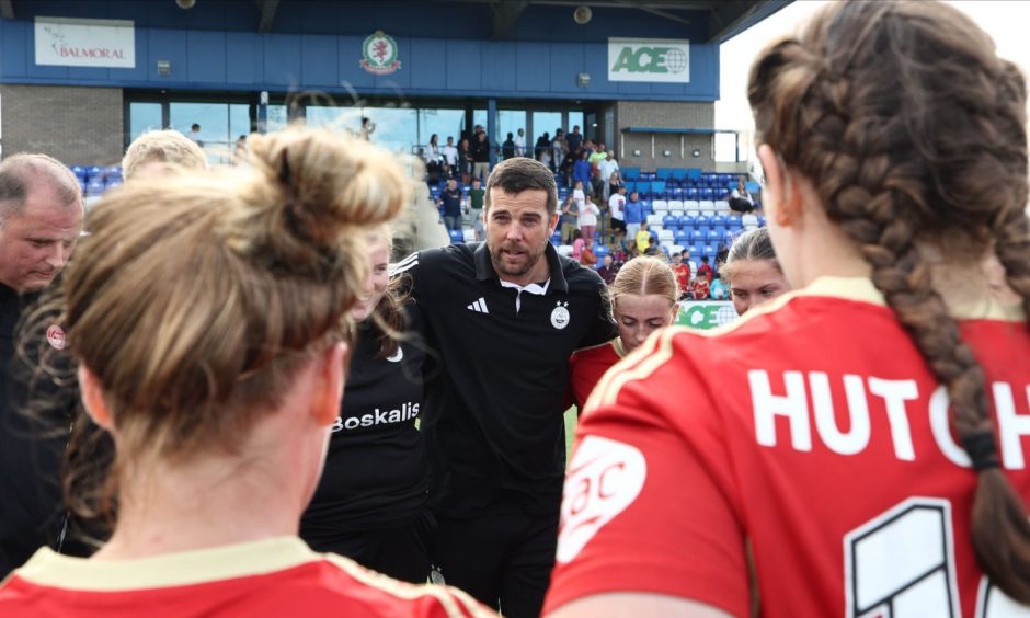 Aberdeen FC Women manager Clint Lancaster speaks to his side after a SWPL match.