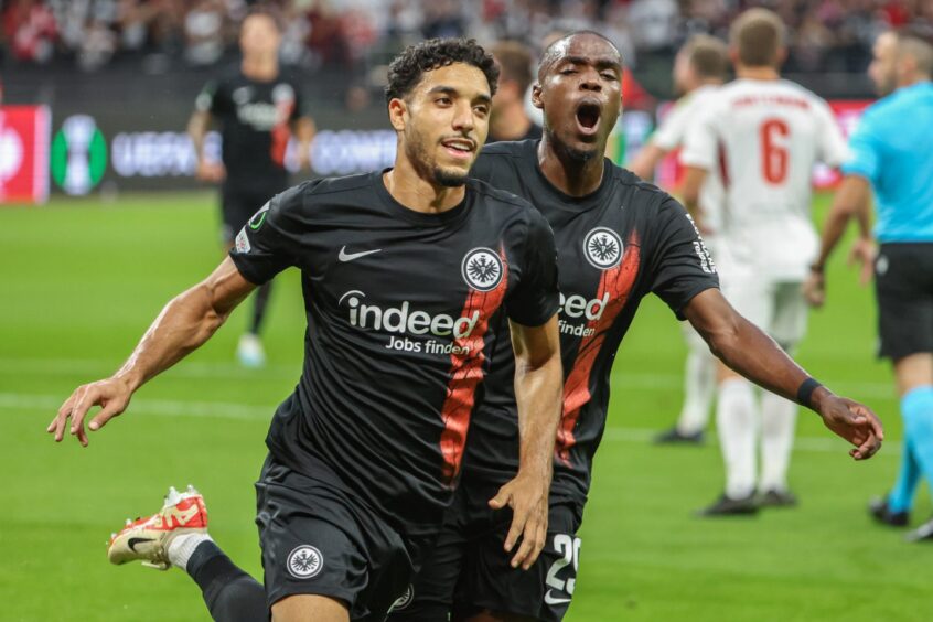 Omar Marmoush celebrating his goal to make it 1-0 to Eintracht Frankfurt against Aberdeen in September. Image: Shutterstock.