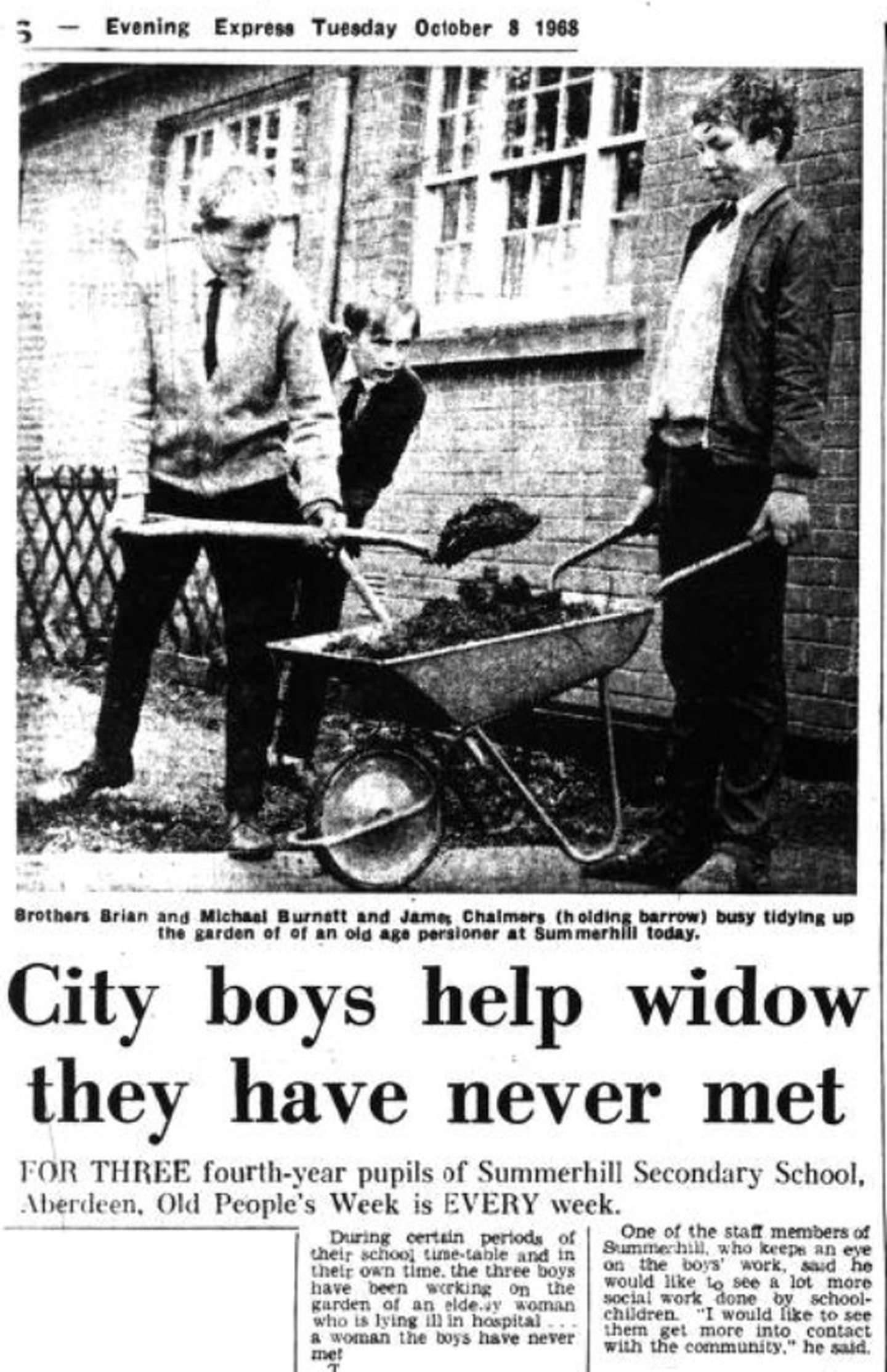 Newspaper clipping covering story of Summerhill School pupils helping out in the garden of an elderly lady.