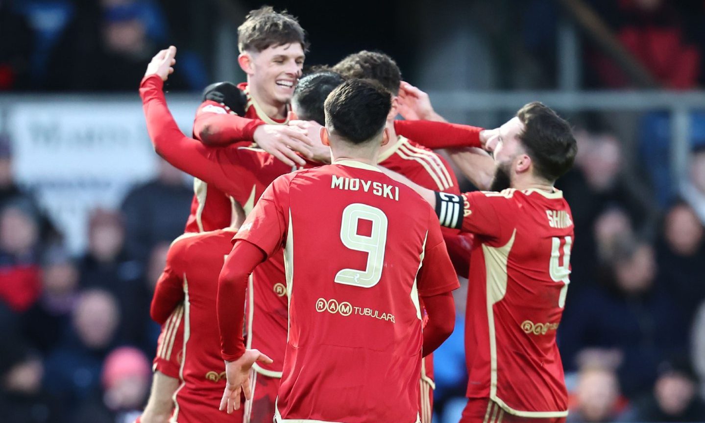 Jamie McGrath (7) of Aberdeen celebrates scoring his second goal against Ross County. Image: Shutterstock
