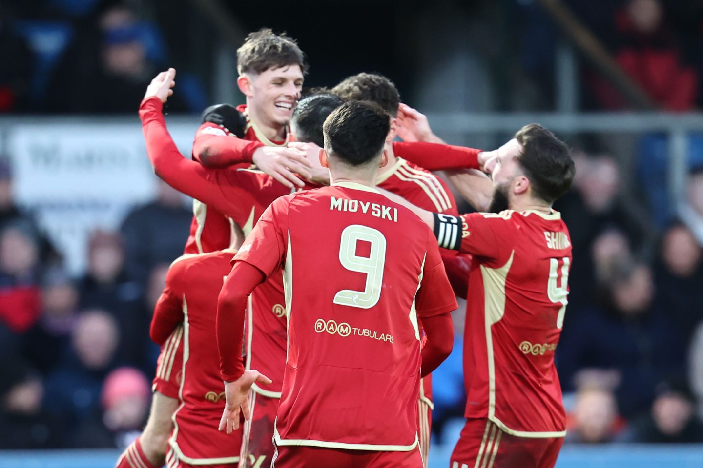 Jamie McGrath (7) of Aberdeen celebrates scoring his second goal against Ross County. Image: Shutterstock 
