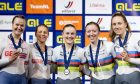 Neah Evans, second from left, with her Great Britain team-mates after winning silver in the team pursuit at the European Track Cycling Championships.