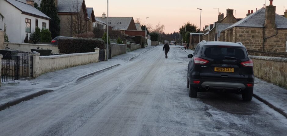 Icy conditions in Land Street, New Elgin at the beginning of December.