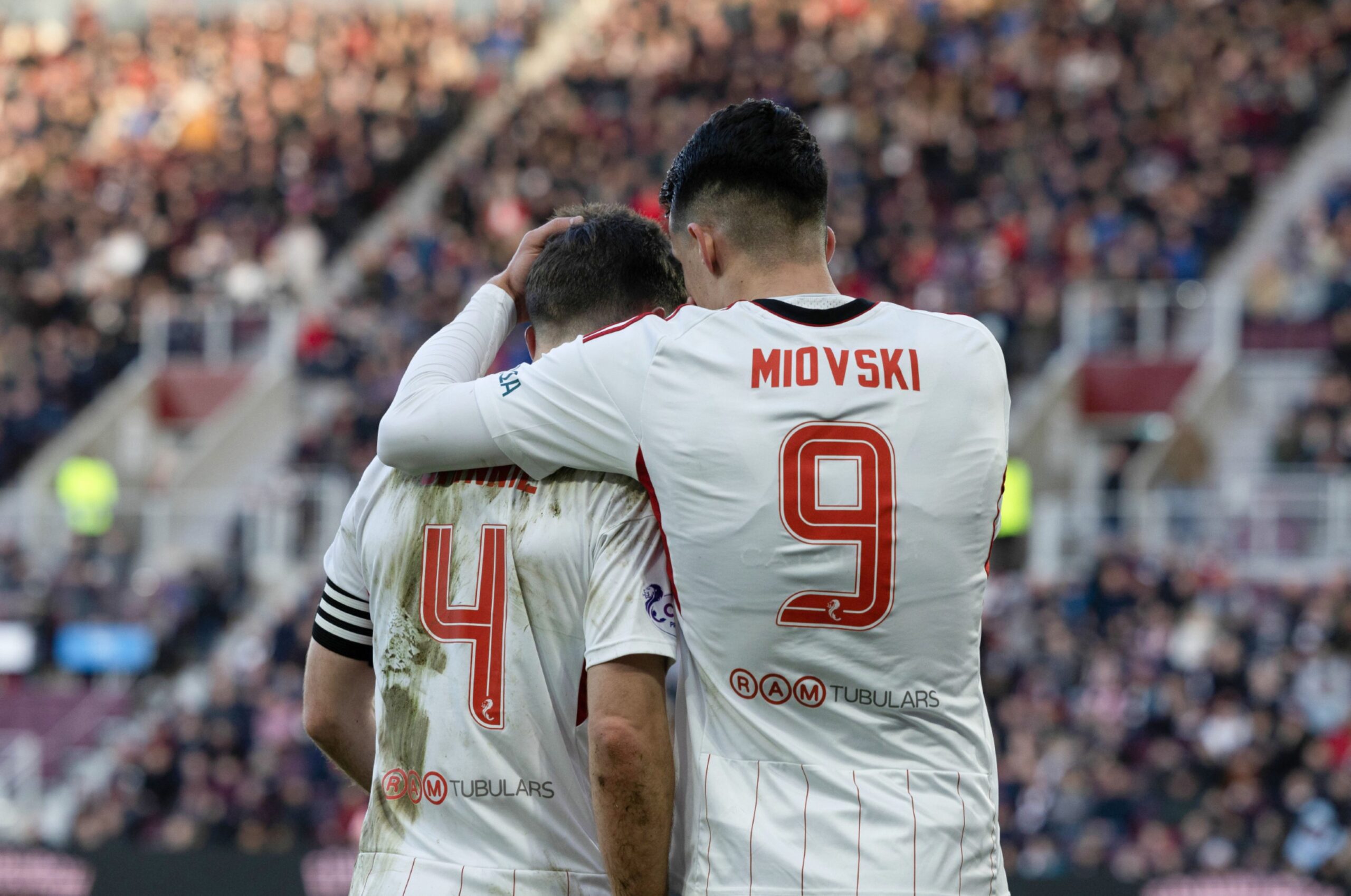 Aberdeen's Bojan Miovski celebrates with Graeme Shinnie after scoring to make it 1-0 against Hearts. Image: SNS 