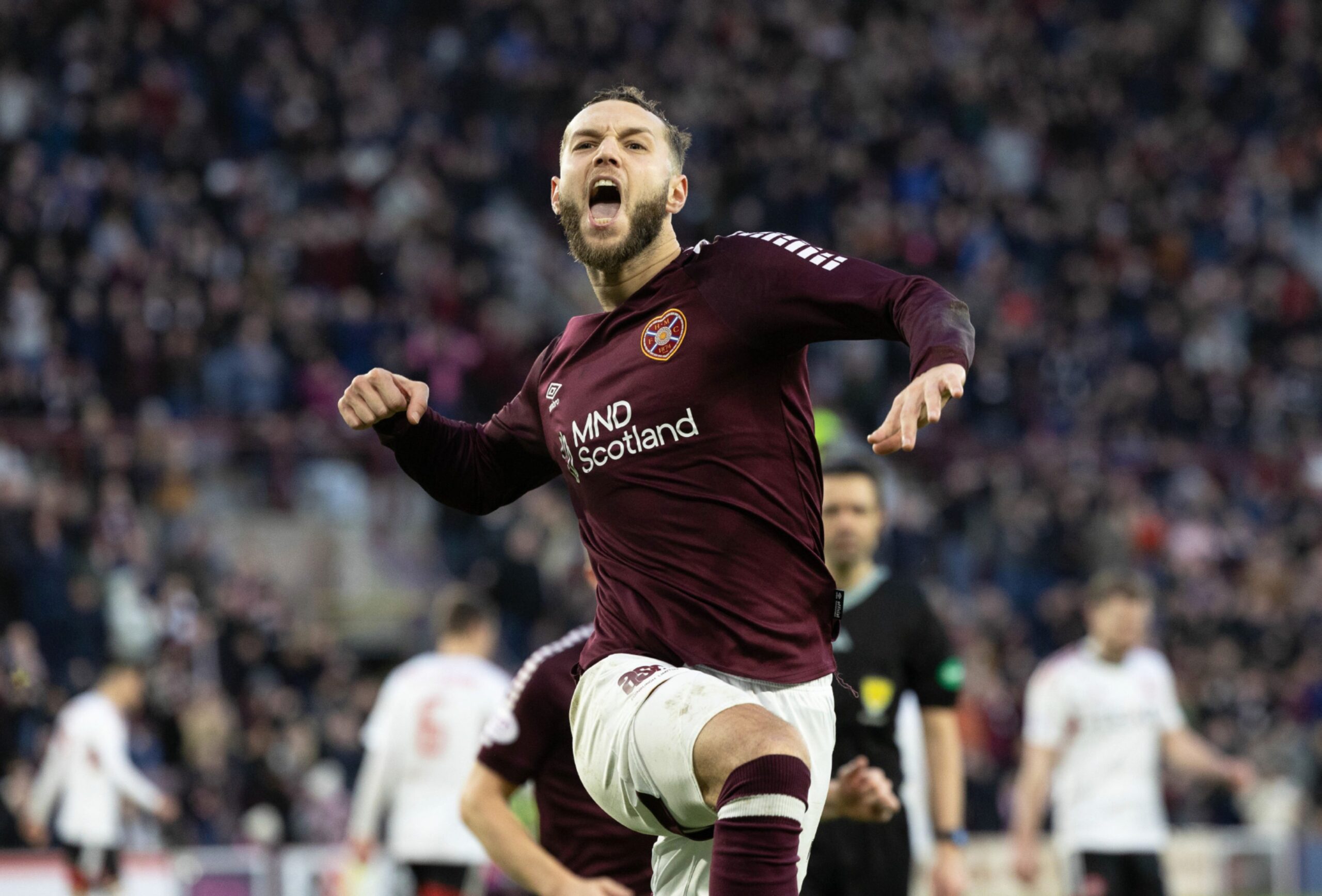 Hearts' Jorge Grant celebrates after scoring to make it 1-0 against Aberdeen.