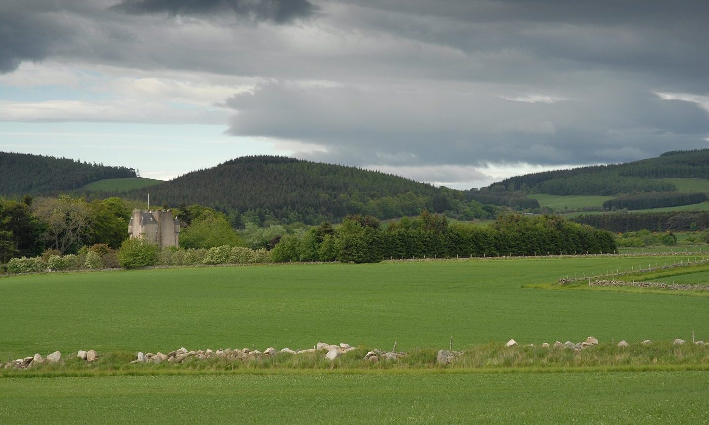 The castle from a distance, surrounded by trees and fields