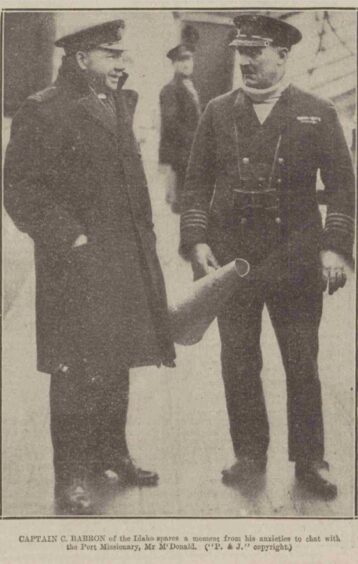 Capt C Barron of SS Idaho spoke with Mr McDonald, the port missionary after he was brought ashore from the stranded vessel.