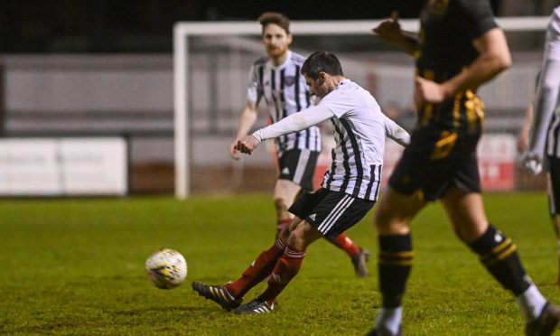 Paul Young scores Fraserburgh's second against Huntly. Pictures by Darrell Benns/DCT Media.