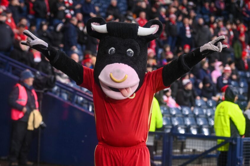 Pittodrie fashion icon Angus The Bull at the 2023 Viaplay Scottish League Cup final between Aberdeen and Rangers.