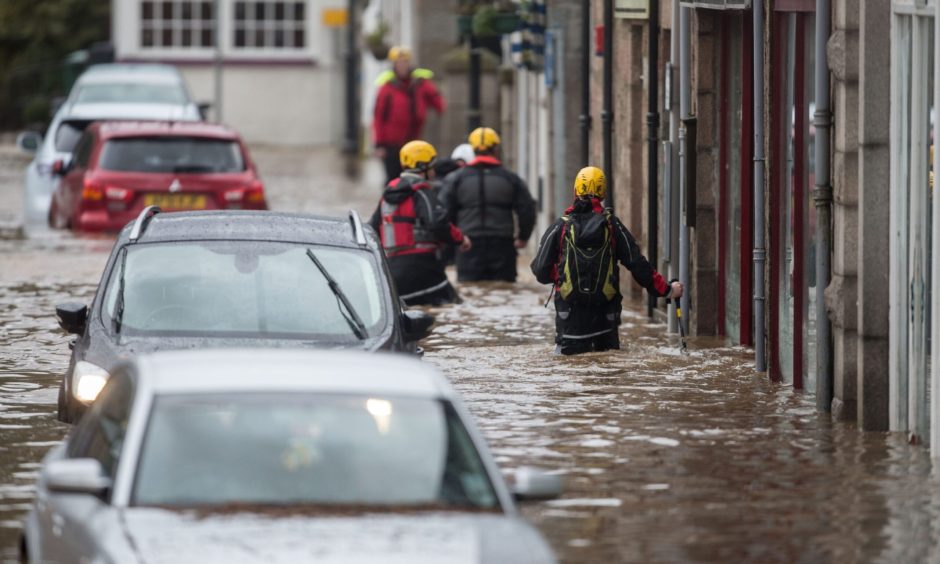 Flooded streets in Ballater during Storm Frank.
