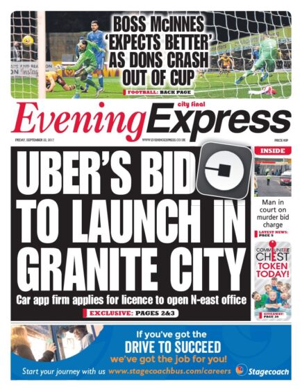 The front page of the Evening Express announcing the Aberdeen Uber application in 2017.