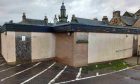 Exterior view of Leys Road public toilets in Forres boarded up.