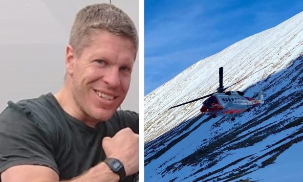 Harvey Christan next to an image of a helicopter searching the face of Ben Nevis.