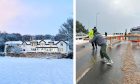 Navidale House Hotel in Helmsdale in the snow next to an image of owner Darren Minton helping to close the snow gates.