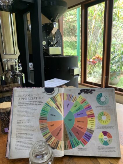 The coffee roaster at the Bali jungle plantation, along with a flavour wheel.