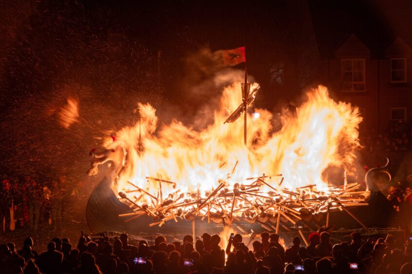 The Viking galley burning at the end of Up helly Aa.