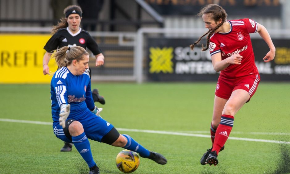 Goalkeeper Jeni Currie in action against Aberdeen Women in 2022 during her time at Hamilton Accies.