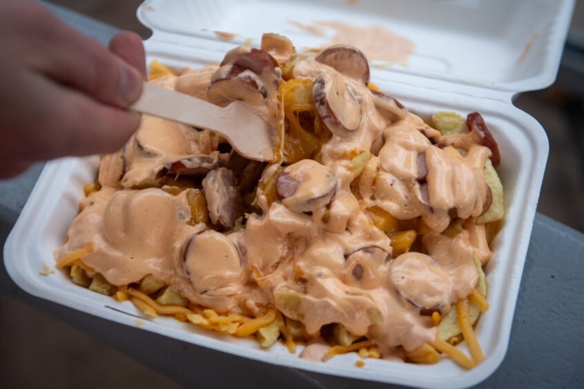 Close-up of smoky loaded fries which were smothered in sauce.