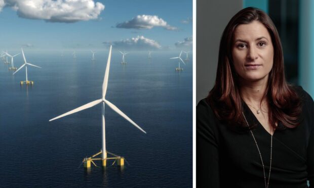 Laura Jarvie, the new head of Scotland for Cerulian Winds, next to a floating turbine.