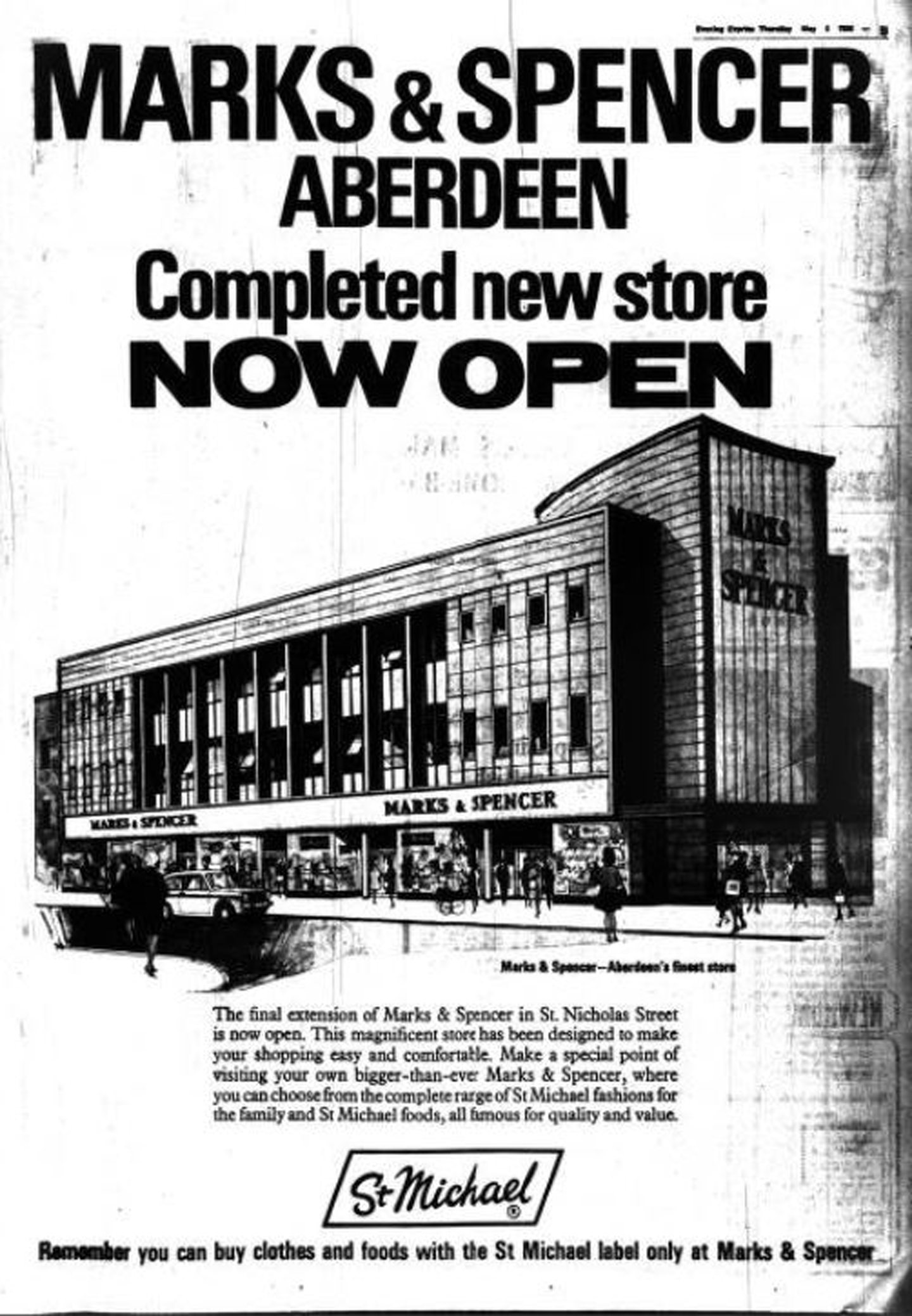 An advert in the paper reading "Marks & Spencer Aberdeen Completed new store now open"