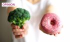 A person holding a doughnut in one hand and a head of broccoli in the other, representing weight loss diets