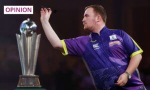 Britain's Luke Littler competes during the January 2024 PDC World Darts final against Britain's Luke Humphries. Image: Andy Rain/EPA-EFE/Shutterstock