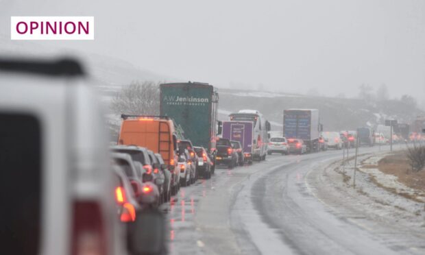Serious traffic on a wintery A9 near Dalwhinnie in December 2023. Image: Sandy McCook/DC Thomson
