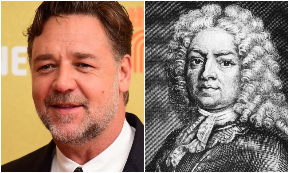 Image of Russell Crowe alongside image of 11th Lord Lovat Simon Fraser.