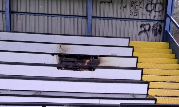The fire damage and graffiti at Mossfield  Stadium. Image: Alasdair Bruce.