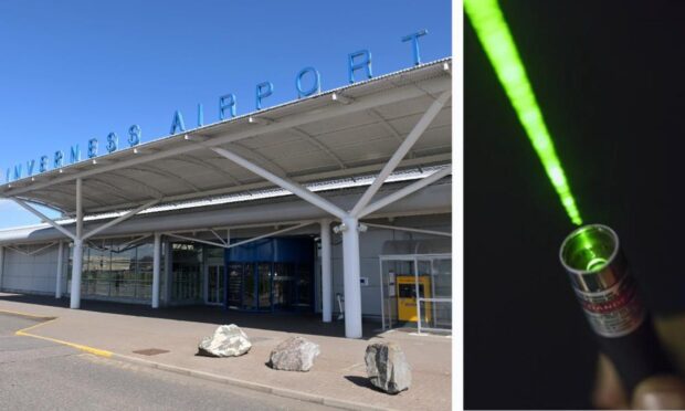 A photo of Inverness airport and an image of a laser beam
