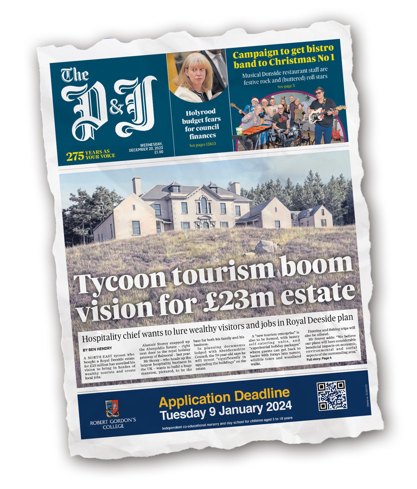 P&J front page covering news of potential tourism boom after Abergeldie Estate transformation.