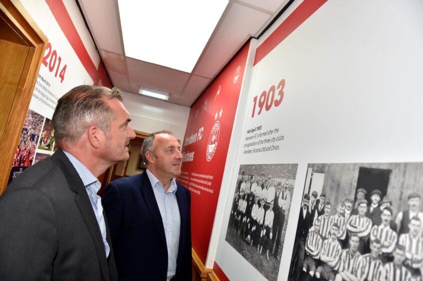 Jock Gardiner and Bob Bain from the Aberdeen FC Heritage Trust at Pittodrie. Image: Scott Baxter/DC Thomson