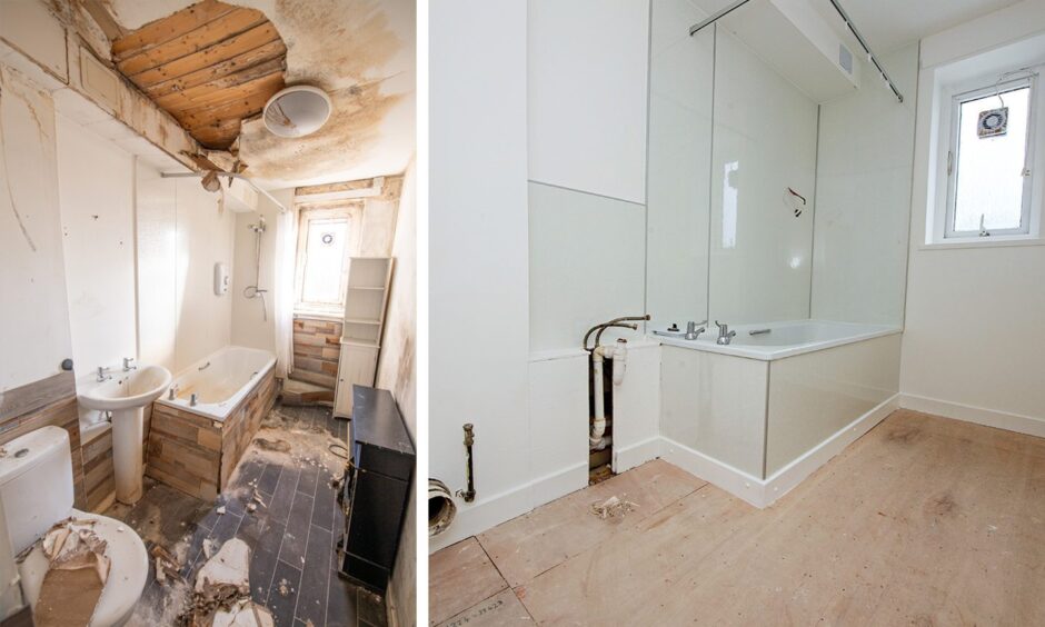 Image of bathroom inside Karolina Osinska's Aberdeen council house before repair work, featuring crumbling ceiling, alongside image after repair work with missing toilet, sink and shower.