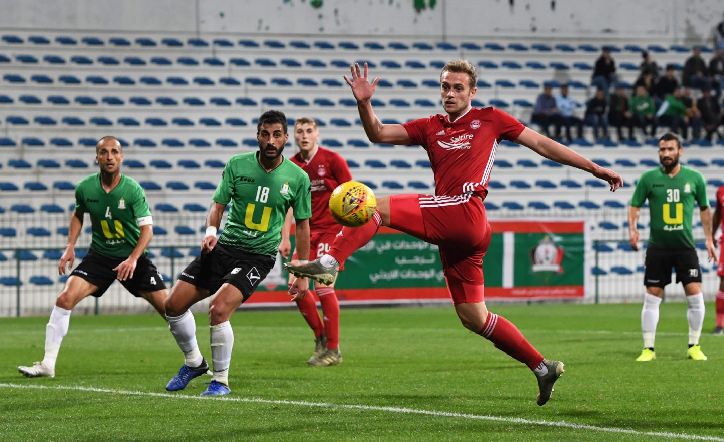 Aberdeen's James Wilson has a chance on goal during a friendly match against Al-Wehdat SC at the Maktoum bin Rashid-Al Maktoum Stadium, Dubai on January 13, 2020, in Dubai, United Arab Emirates. Image: SNS 