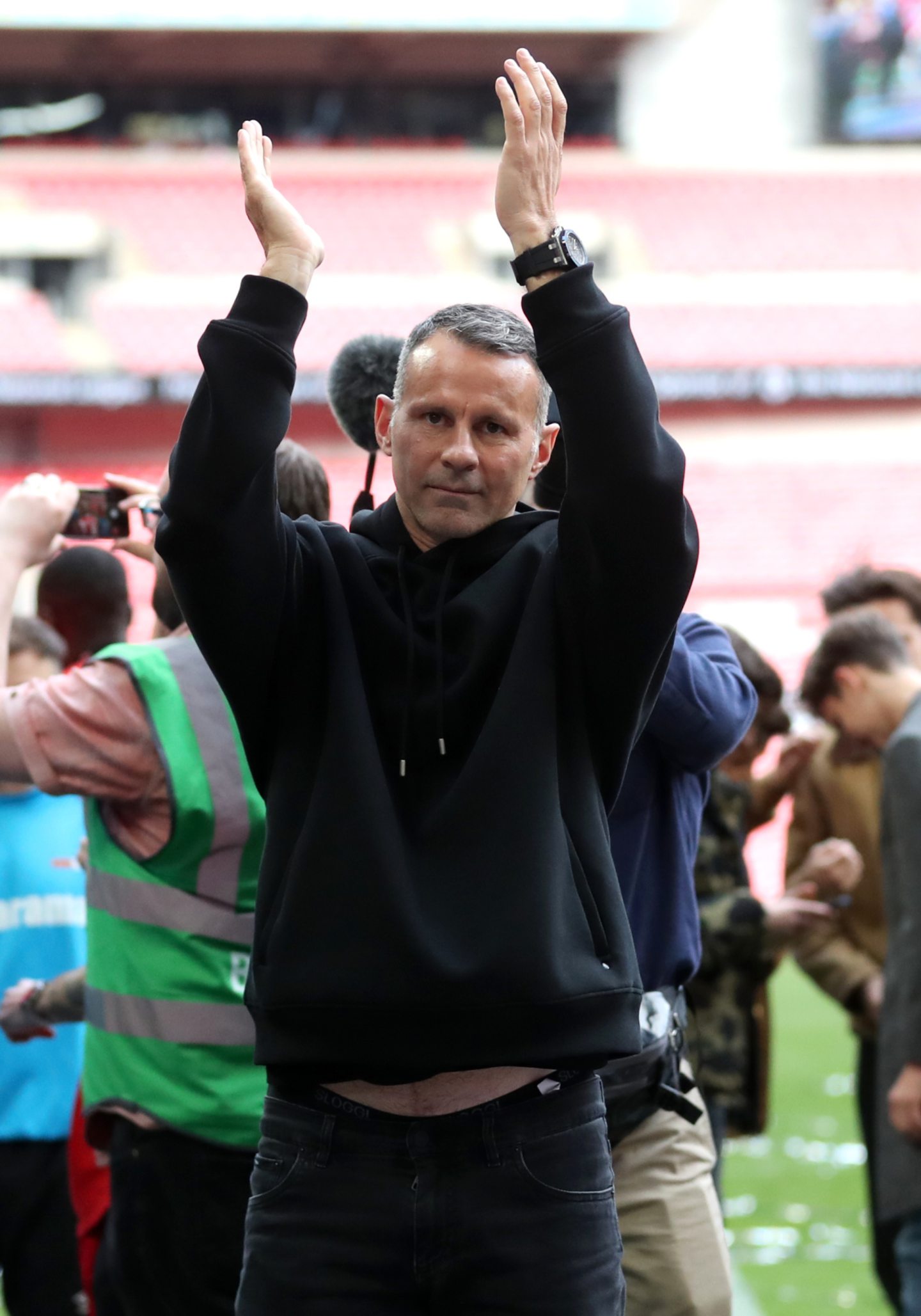 Salford City co-owner Ryan Giggs celebrates after his side wins the Vanarama National League Play-off Final at Wembley Stadium, London in May 2019. Image: PA 