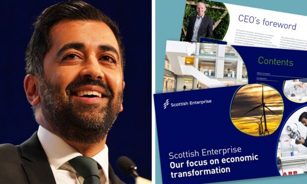 First Minister Humza Yousaf, pictured next to a copy of Scottish Enterprise's new strategy document.