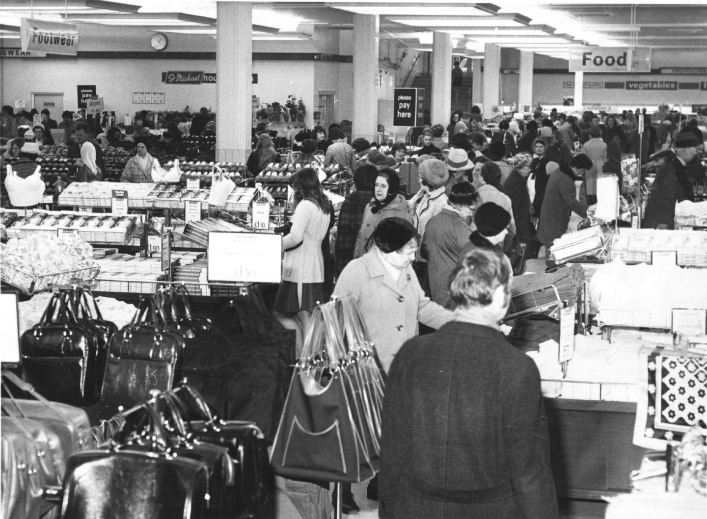 Inside Marks & Spencer in Aberdeen at Christmas, lots of shoppers inside