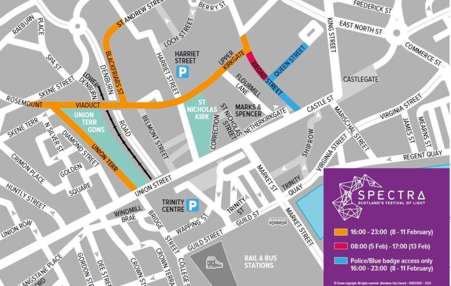 Map shows road closures to be put in place in Aberdeen for Spectra festival 2024. 