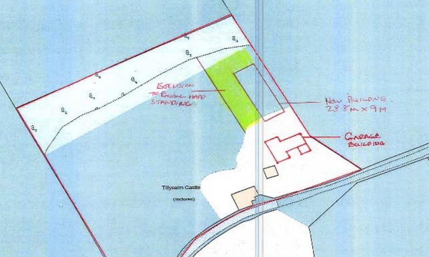 A blueprint showing how a new 28.8m by 9m structure would appear in relation to the castle