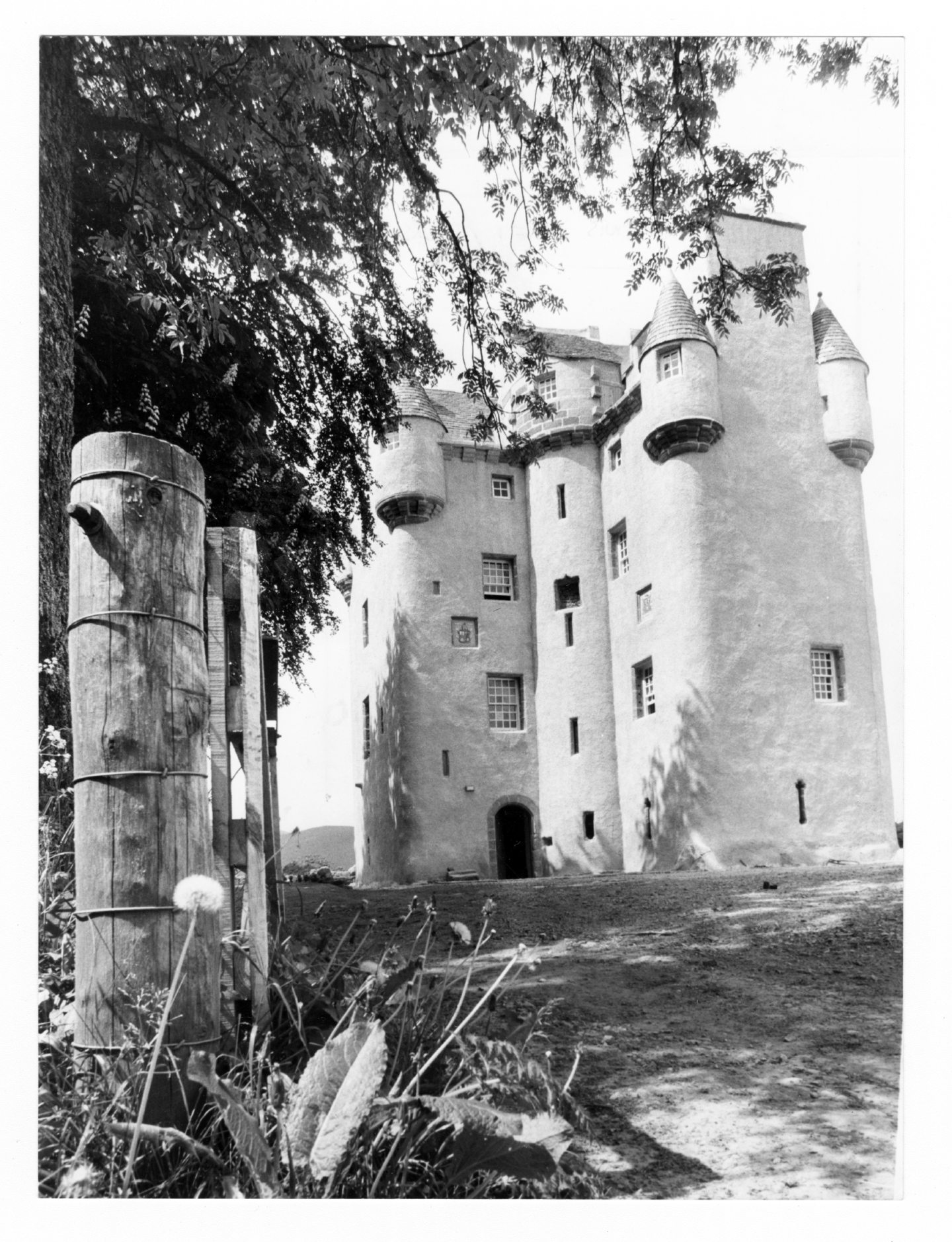 A black and white photo of Tillycairn Castle after the restoration