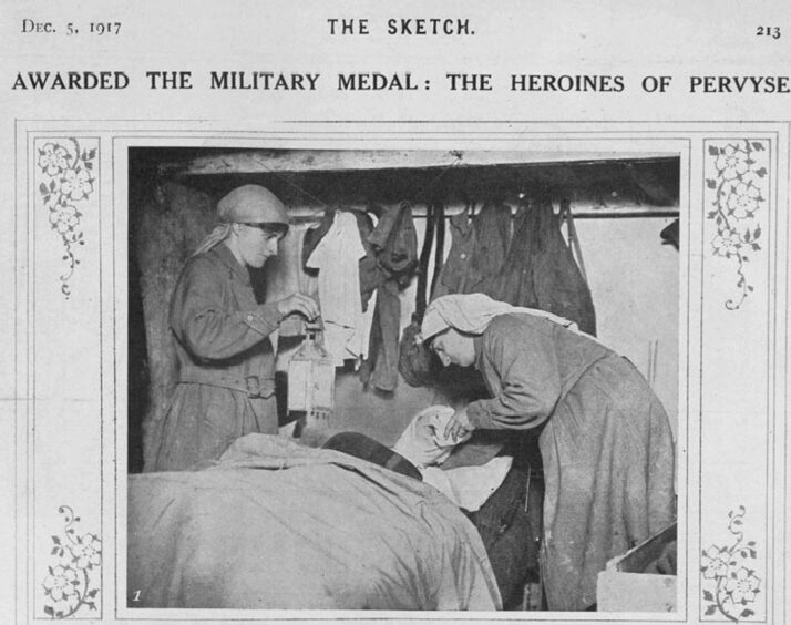 Mairi and Elsie at work in their cellar/hospital at Pervyse in 1917.