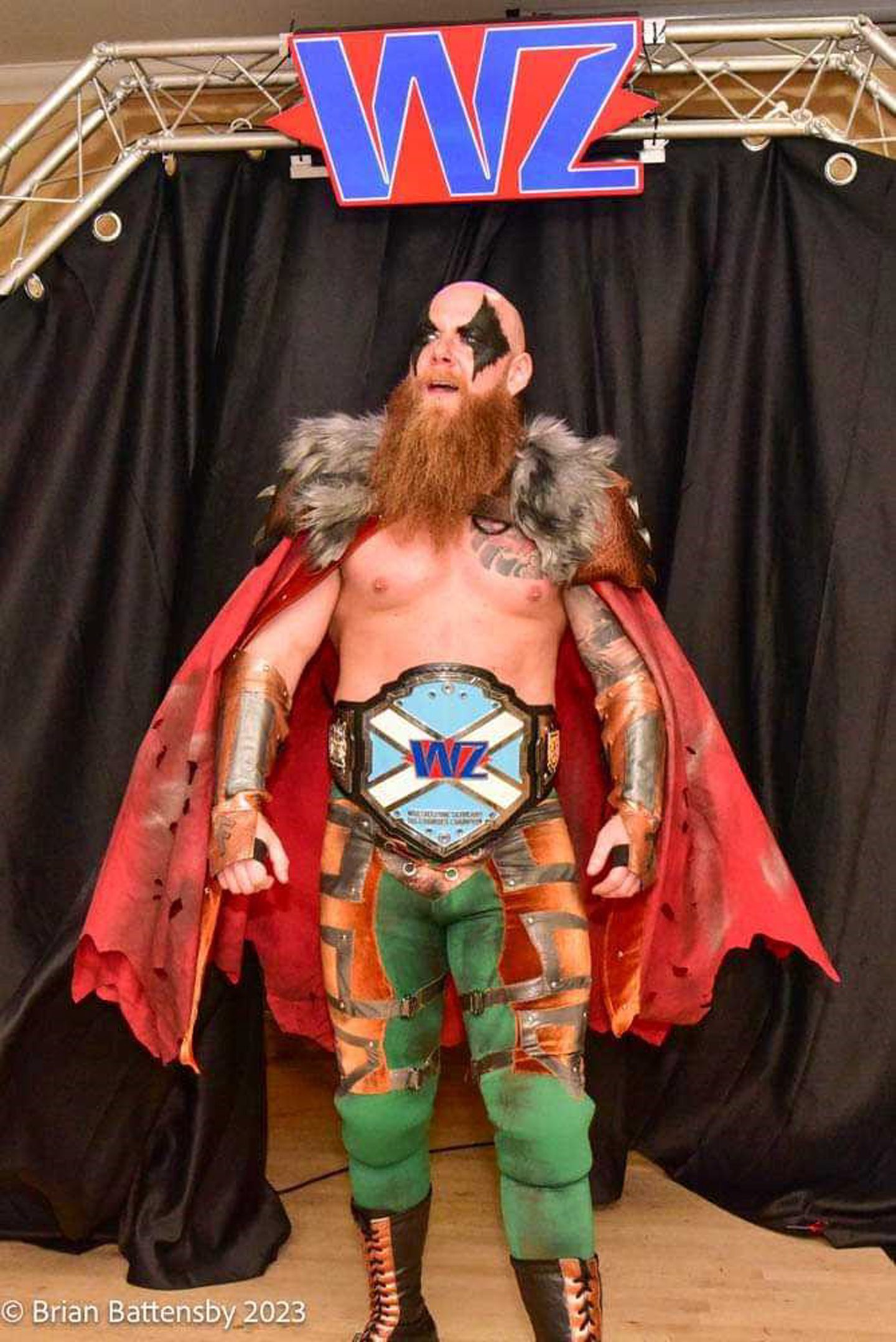 Wrestler 'The Mighty' Caleb Valhalla enters the arena ready for action. Image: Brian Battensby