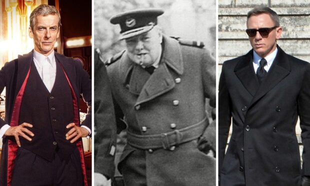 In their Crombie coats, from left, Peter Capaldi as Doctor Who; Daniel Craig as James Bond, and Winston Churchill. Image: Shutterstock/Ray Burmiston/Olycom Spa/Everett