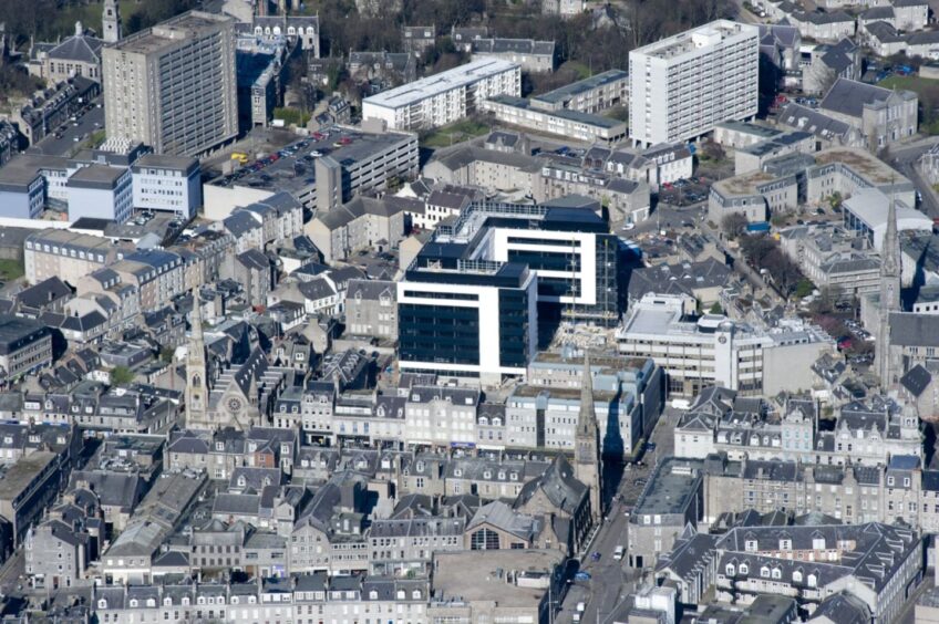 Union Plaza dominates this aerial photograph of Aberdeen city centre from 2008.