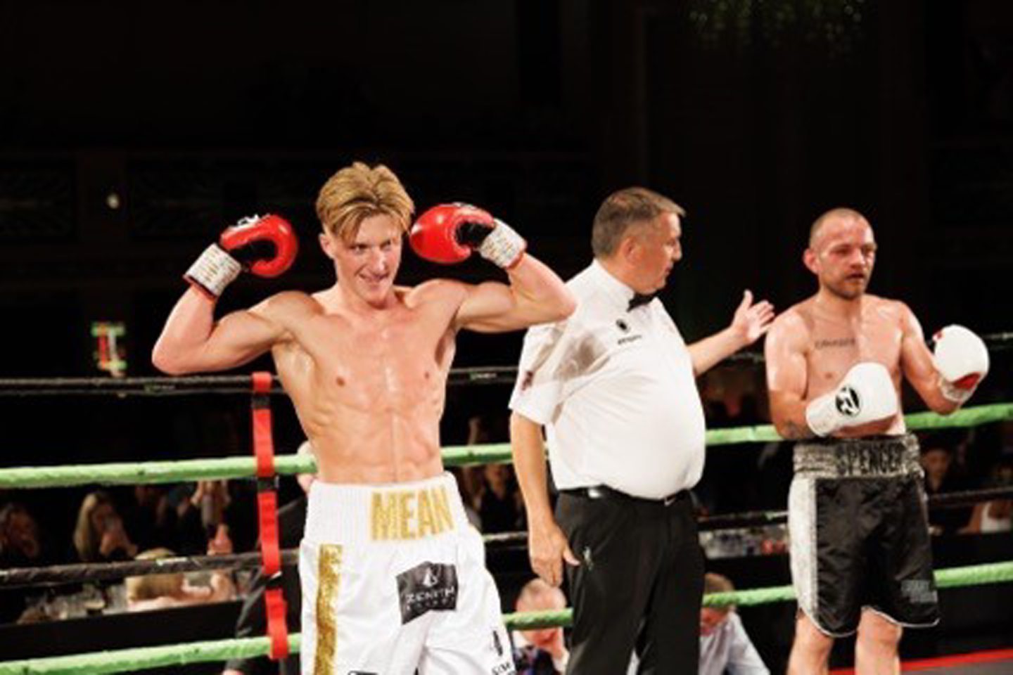 Undefeated Aberdeen boxer Gregor McPherson celebrates victory against John Spencer at the Beach Ballroom, Aberdeen.