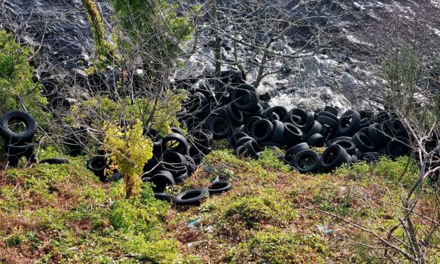 The tyres were dumped below a lay-by on the A82 near Drumnadrochit. Image: Ness District Salmon Fishery Board