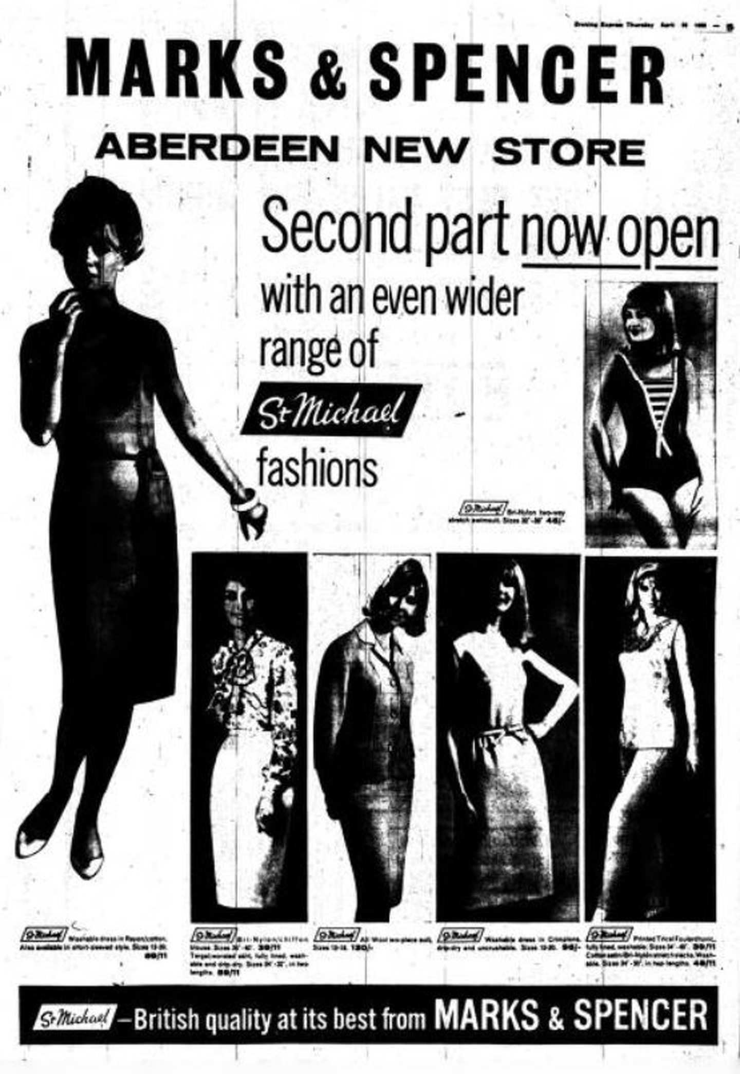 An advert reading "Marks & Spencer Aberdeen new store - Second part now open with an even wider range of St Michael fashions"