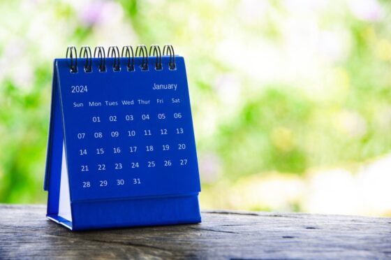 Blue calendar on table