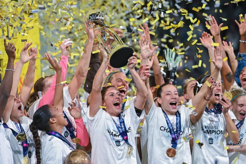 Gotham beat OL Reign to win the 2023 NWSL Championship trophy. 