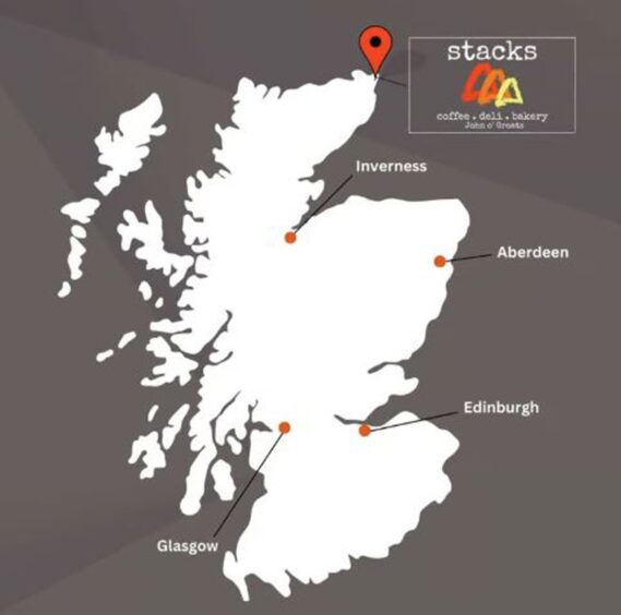 Map of Scotland showing Stacks Deli and Bakery in John O'Groats at the very north of the country.